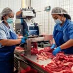 Firefly Female workers are cutting beef with a cutting machine. to cut it for sale 87779-Putino-Food