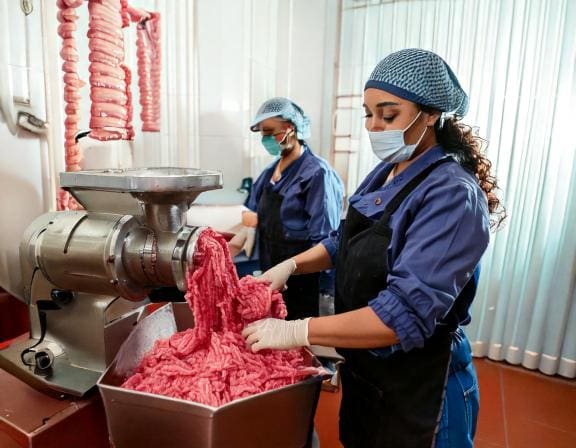 Firefly female workers are grinding pork with a machine 32934-Putino-Food