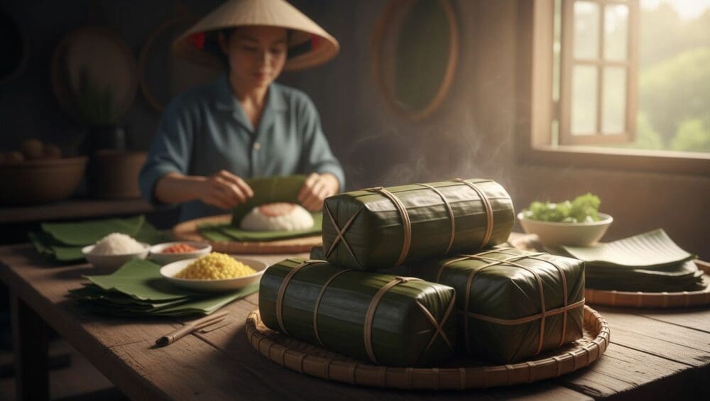 Hình ảnh gia công bánh chưng (bánh tét)