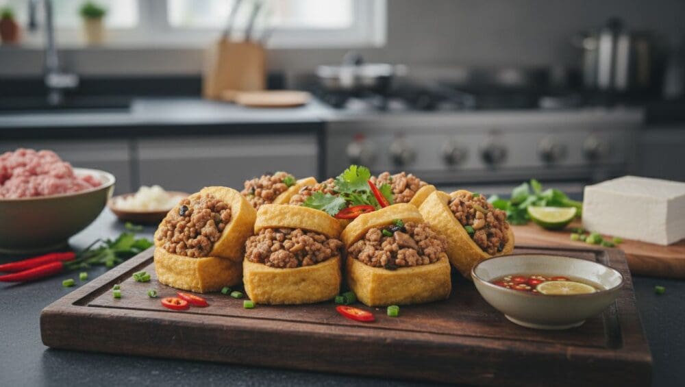 Hình ảnh gia công đậu hũ dồn thịt