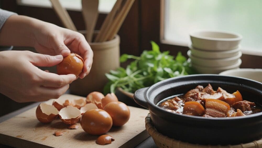 Hình ảnh gia công trứng kho (bóc vỏ)