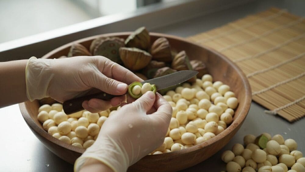 Gia công bóc vỏ, lấy tâm Hạt Sen: Nguyên hạt, không đắng 9-Putino-Food Hình ảnh gia công bóc vỏ hạt sen
