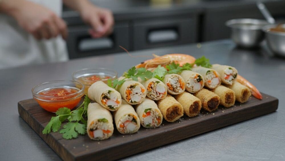 Hình ảnh gia công chả giò hải sản (cuốn sẵn)