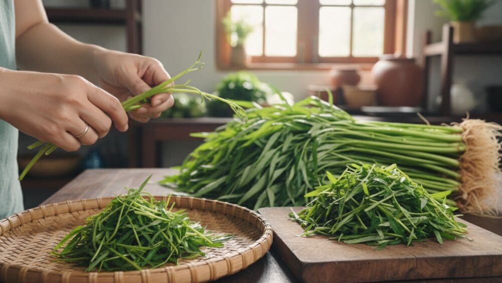 Gia công lặt Rau Muống (ngắt lá/chẻ ngọn): Sạch và tiện 1-Putino-Food Hình ảnh gia công lặt rau muống