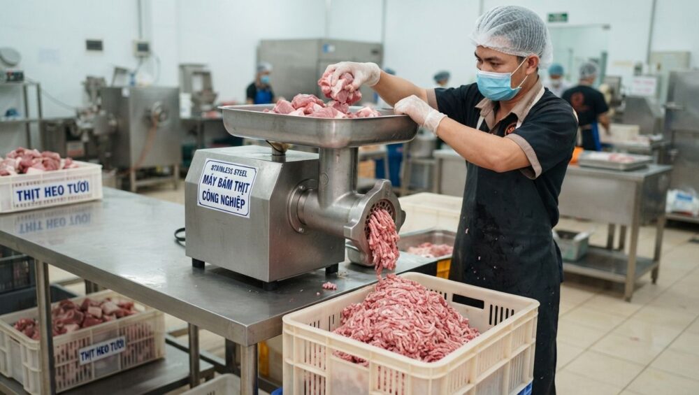 Gia công băm thịt heo (Thịt xay thô): Làm nhân chả giò, mọc chất lượng cao 10-Putino-Food Hình ảnh gia công băm thịt heo bằng máy