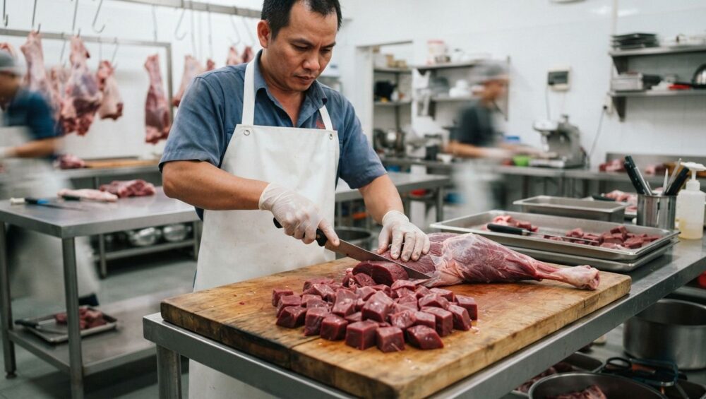 Hình ảnh gia công thịt đùi đà điểu cắt khối