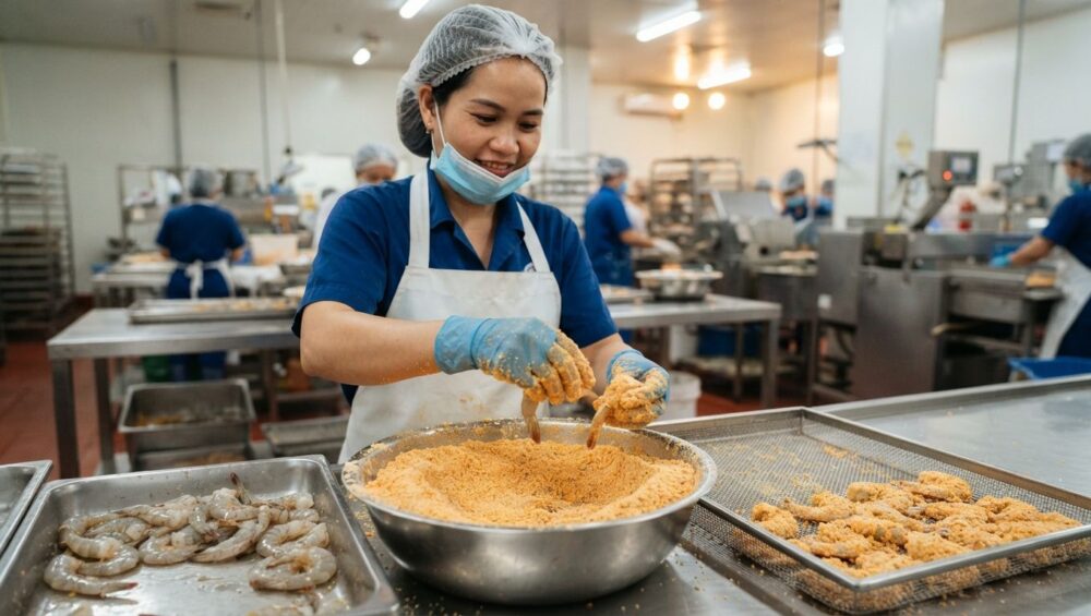 Hình ảnh gia công bao bột tôm lăn bột