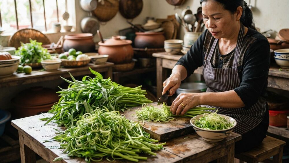 Gia công chẻ rau muống đồng: Sợi cuộn tròn ăn bún riêu chuẩn vị 1-Putino-Food Hình ảnh gia công chẻ rau muống đồng