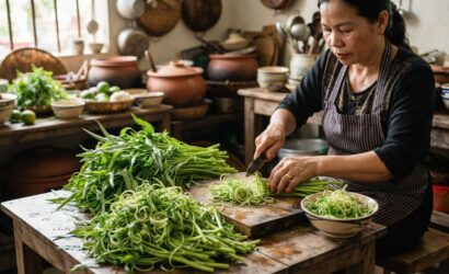 Gia công chẻ rau muống đồng: Sợi cuộn tròn ăn bún riêu chuẩn vị 2-Putino-Food Hình ảnh gia công chẻ rau muống đồng