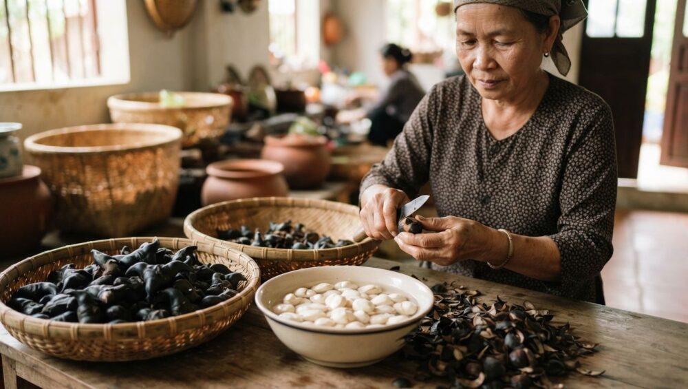 Gia công gọt vỏ Củ Ấu: Lấy nhân thịt bên trong nấu chè, hầm 1-Putino-Food Hình ảnh gia công gọt vỏ củ ấu